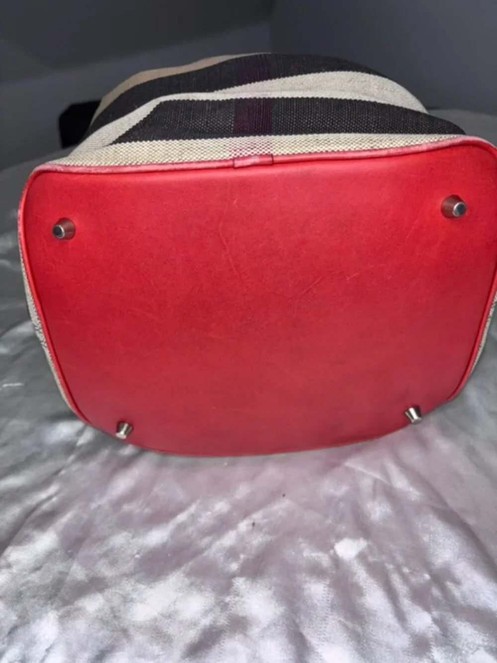 Burberry Ashby Check Canvas Bucket Bag Red Leather SHW + Pouch & Strap